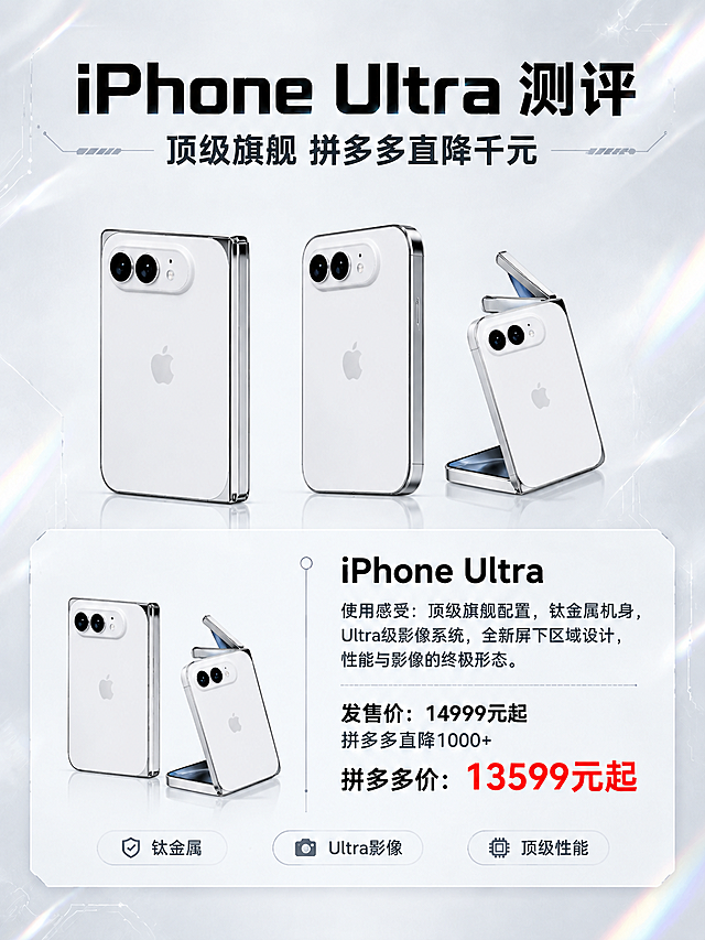 将海报中所有的手机商品图替换为第二张图中的白色苹果折叠屏手机（竖折小折叠，白色机身，银色金属边框，双摄像头），替换位置包括：1. 海报上方主视觉区的大组手机图，替换为折叠手机的多角度展示（正面+背面+半折叠状态）；2. 下方信息卡片左侧的小图，替换为同款折叠手机。其余所有内容保持完全不变：顶部标题"iPhone Ultra 测评"和副标题"顶级旗舰 拼多多直降千元"、右侧文字区的所有文案（使用感受、发售价、拼多多直降1000+、拼多多价13599元起）、底部三个标签（钛金属、Ultra影像、顶级性能）、背景风格、配色、排版布局、镭射光效、电路线条装饰全部保留原样，仅替换手机商品图。折叠手机颜色为白色机身+银色边框，与第二张参考图一致。