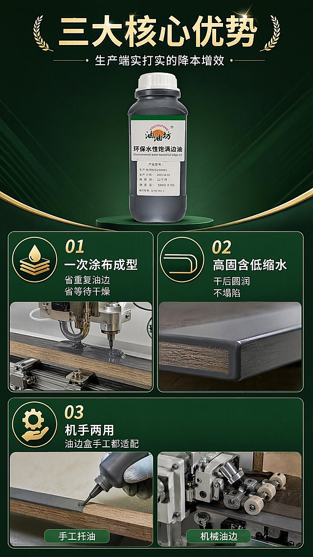 [第3张] 详情页核心优势解析-三大生产端卖点四宫格展示。本张使用【图1】作为中心产品主体。
[氛围/风格] 工业专业解析风，深绿底色配金色点缀，信息图表化呈现，商业摄影质感。
[元素布局] 中心偏上位置放置边油瓶主体，占比约30%；下方为三格优势展示区（上1下2布局），每格配对应图标和场景小图：左上格展示油边盒自动施工场景配一次成型图标，右上格展示高固含树脂饱满截面图配圆润饱满图标，下方整格展示手工扦油+机械油边双场景配机手两用图标；格间用细线分隔。
[光影质感] 中心产品柔光打亮，各分区均匀照明，图标和文字清晰锐利，整体专业干净。
[配色色系] 全局底色 #1F2E1F 深墨绿；主色深绿、金色点缀；辅助色浅绿高亮、白色正文；每个分区有细微的深浅绿渐变区分。
[视角构图] 正面平视，中心产品+下方三宫格信息布局，阅读动线顶部主标题 → 中心产品 → 下方三格优势依次阅读。
[文字版式] 版式为顶标题 + 中心产品 + 三宫格卖点。顶部主标题「三大核心优势」，副标题「生产端实打实的降本增效」；每格内有编号数字+大标题+2行小字说明：①「一次涂布成型」省重复油边省等待干燥、②「高固含低缩水」干后圆润不塌陷、③「机手两用」油边盒手工都适配；文字清晰，字号适中。
[比例分辨率] 9:16 竖版比例，4K 分辨率，文字清晰可辨，高清画质。
[负向提示词] 产品变形，文字错乱，颜色偏差，水印，文字过小，布局混乱，图标不清。