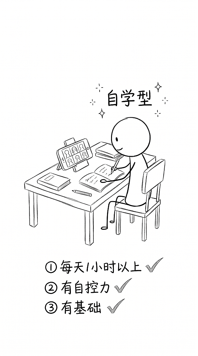 手绘涂鸦风格，极简简笔画，黑白线稿，随意铅笔线条，温馨日记漫画风格，干净白色背景，大量留白，纯线条艺术。9:16竖屏1080×1920尺寸，可爱火柴人坐在书桌前，桌面上摆放着书本、笔记本和显示网课画面的手机，火柴人头顶手写标注文字“自学型”，画面下方列出三个条件条目，全部用铅笔打上对勾：①每天1小时以上 ②有自控力 ③有基础，整体线条疏朗自信，纯白底大留白，无多余色彩