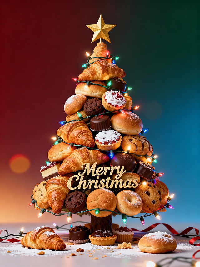 本作品以日常烘焙面包与甜点作为构成材料，将牛角包、圆面包与糖霜点心层层叠加，重构出一棵温暖而真实的圣诞树。面包象征分享、陪伴与日常的温度——它并非节日专属，却在节日中被重新点亮。通过将食物转化为节日符号，作品尝试打破传统圣诞树的固有形象，让“百变”不只是形式的变化，而是来源的转移：从装饰走向生活本身。这是一棵可以被感知、被想象、甚至被分享的圣诞树，承载着冬日里最朴素的幸福感。

🎄百变圣诞树