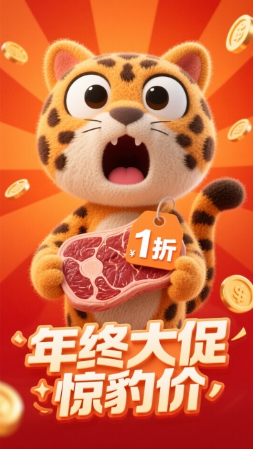 一只卡通豹子惊讶表情，拿着一个带价格标签“1折”的牛排，促销感橙红背景，放射线、金币元素点缀，画面下方3D文字标签“年终大促 惊豹价”。预览效果
