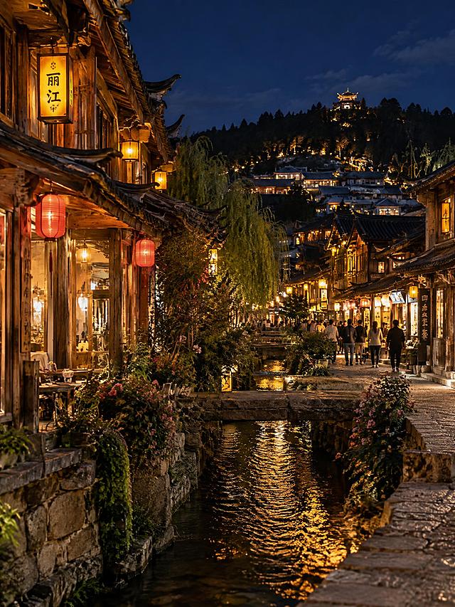 丽江古城夜景高清实拍风景图，夜色人间滇西烟火，丽江古城夜景，灯火阑珊，古街小巷，纳西族建筑，真实摄影质感，纪实质感，3:4竖版构图