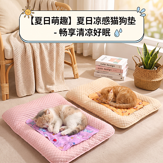 淘宝1:1主图，保留原图的夏日凉感猫狗垫产品，重新生成，一只可爱猫咪躺上面睡觉，温馨萌趣风格，卖点"夏日凉感猫狗垫"，突出产品，背景和文案不跟示例重复，温馨居家背景，1:1比例