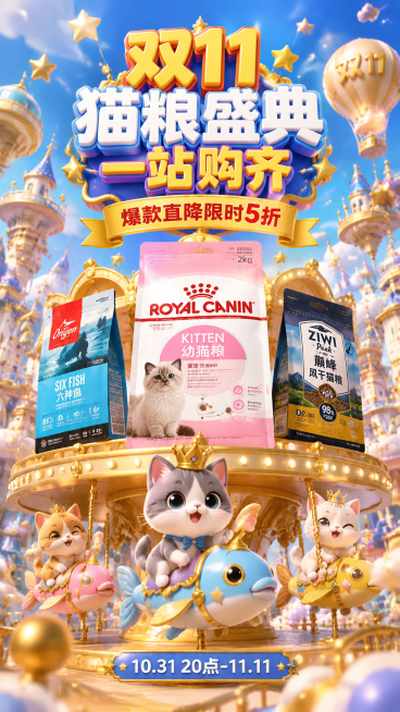 双十一猫粮狂欢主题3D电商海报，画面中心采用黄金分割构图，主推产品"皇家幼猫粮"放大展示，周围环绕"渴望六种鱼"和"巅峰风干粮"产品，形成旋转木马式悬浮陈列。采用低角度仰视拍摄，3D立体效果突出，包装预览效果