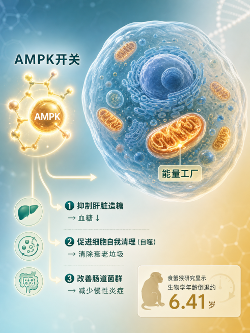 一幅直观生动的科学图解，画面中央是一个半透明的细胞结构，细胞内部可见线粒体（被标记为“能量工厂”），左侧画着一个标注“AMPK开关”的分子结构正被点亮发光，其旁伸出三个箭头分别指向：①“抑制肝脏造糖→预览效果