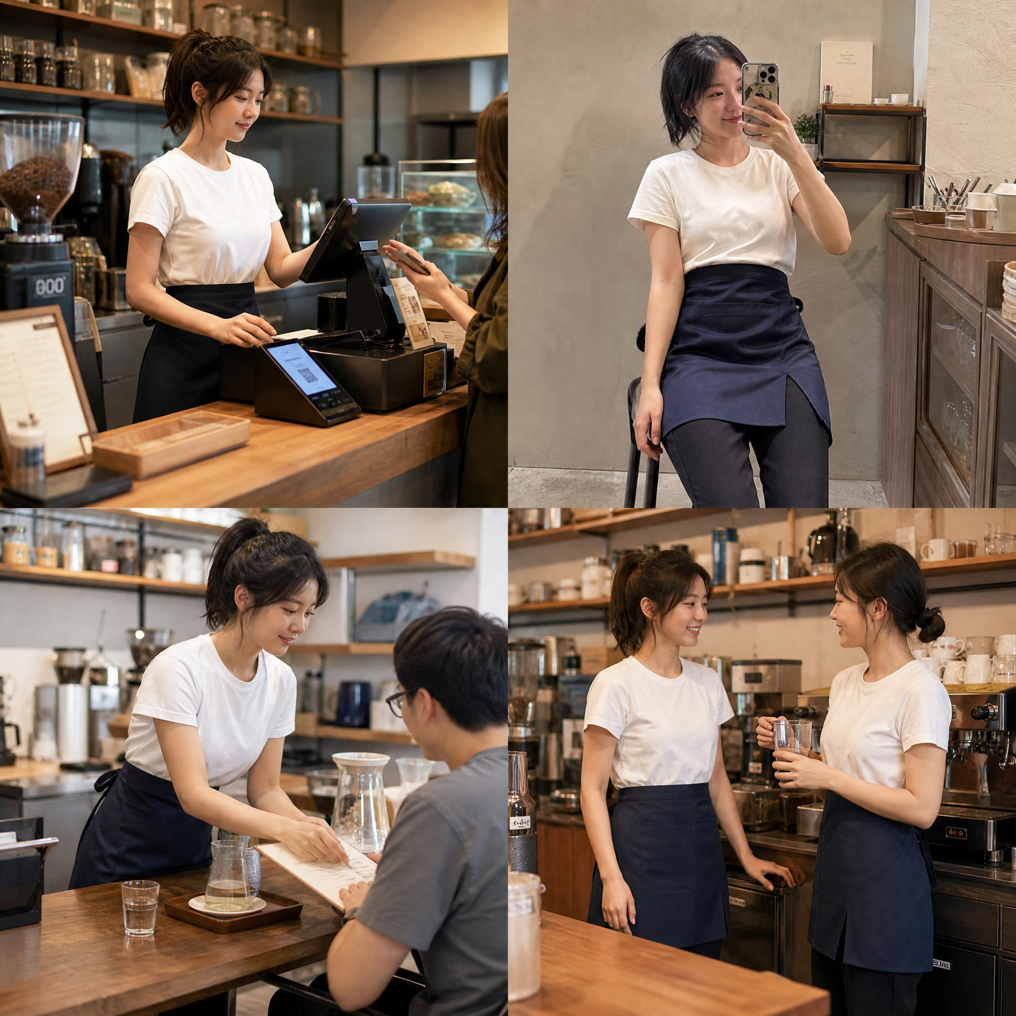 一张包含4张买家秀照片的拼图，背景为咖啡店场景，模特为咖啡店服… - 图片创意预览