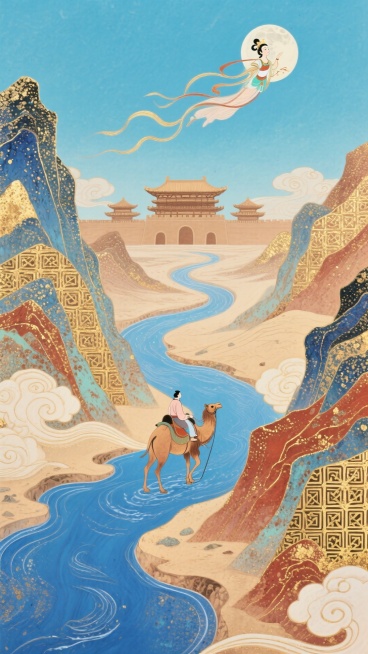 敦煌艺术，以青金石蓝、浅驼金、暖棕红为主色调，塑造蜿蜒如丝带的丝路河道，两侧山峦层叠，融入卷曲云纹 + 几何藻井纹样，远方古建筑（对称布局 + 浅棕配色），单人驼队精准放置于河道黄金分割点，整体营造东预览效果