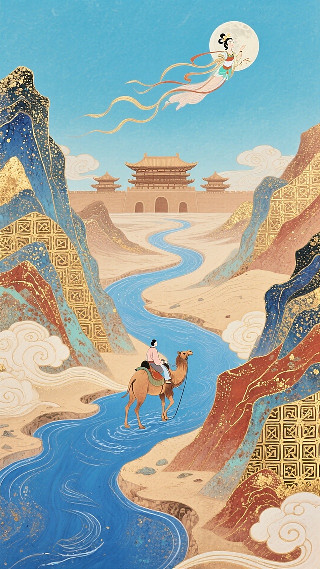 敦煌艺术，以青金石蓝、浅驼金、暖棕红为主色调，塑造蜿蜒如丝带的丝路河道，两侧山峦层叠，融入卷曲云纹 + 几何藻井纹样，远方古建筑（对称布局 + 浅棕配色），单人驼队精准放置于河道黄金分割点，整体营造东方丝路意境，远处天空中嫦娥奔月