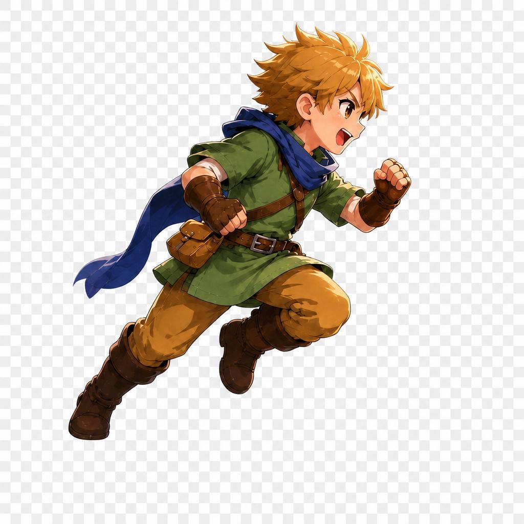 从参考图中提取男主角（金发绿衣少年，蓝色围巾，棕色靴子，握拳奔… - 图片创意预览