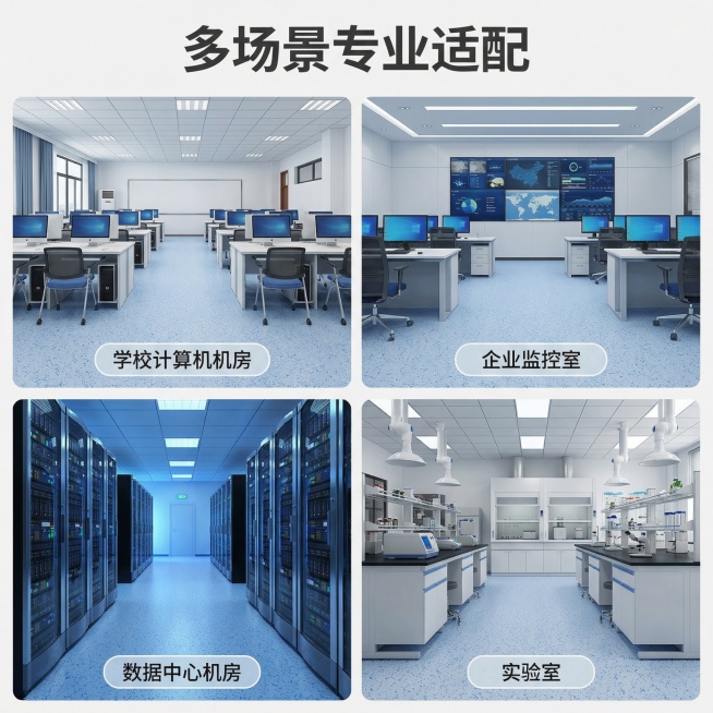 蓝点防静电地板功能场景展示图，延续首图现代简约风格与统一光影。采用四宫格拼图布局，展示这款防静电地板在不同专业场景的应用效果：第一张为学校计算机机房、第二张为企业监控室、第三张为数据中心机房、第四张为预览效果