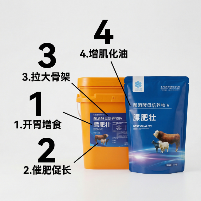 基于提供的膘肥壮产品，生成第二张抖音电商主图，保持风格简约统一，以产品包装为主体，用数字序号1/2/3/4引导标注四个核心卖点：1.开胃增食 2.催肥促长 3.拉大骨架 4.增肌化油。每个卖点对应清晰预览效果