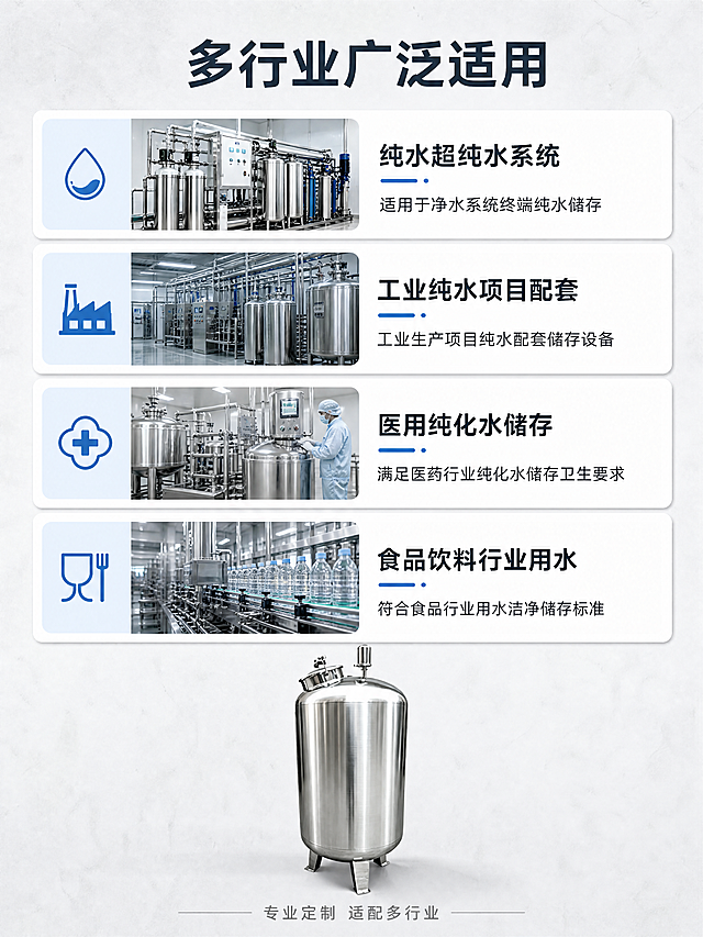 [第5屏] 纯水箱/氮封水箱多行业适用场景展示。本屏使用【图1】产品，保持纯水箱外观、结构、材质与原图一致。[氛围/风格] 工业应用场景拼贴风，真实多场景展示，专业大气，符合工业产品调性。[元素布局] 顶部主标题，下方分四个场景卡片，竖向排列，每个场景卡片包含场景小图+文字说明，产品主体缩小放在最下方中心位置，占据约30%画面高度。四个场景卡片从上到下均匀分布，每个卡片高度一致，不重叠。背景为浅灰工业纹理。[光影质感] 每个场景卡片光影和场景统一，产品本身保留原不锈钢质感，整体明暗协调，场景与产品层次清晰。[配色色系] 全局底色：#e9ecef（浅灰工业底）；卡片背景：#ffffff（白色）；标题：#2c3e50（深蓝灰）；正文：#343a40（深灰）；场景装饰色：浅蓝点缀。[视角构图] 竖向卡片流构图，从上到下依次展示四个适用场景，产品在底部总结展示，符合移动端阅读顺序，信息清晰。[文字版式] 顶部主标题「多行业广泛适用」深蓝色粗体居中，字号约画面宽度6%。四个场景卡片分别：
1. 「纯水超纯水系统」：适用于净水系统终端纯水储存
2. 「工业纯水项目配套」：工业生产项目纯水配套储存设备
3. 「医用纯化水储存」：满足医药行业纯化水储存卫生要求
4. 「食品饮料行业用水」：符合食品行业用水洁净储存标准
每个卡片左侧放置对应行业简约图标，右侧文字说明，图标+文字搭配清晰不拥挤。底部中心放置产品图，标注「专业定制 适配多行业」浅灰色小字。所有文字清晰适配手机阅读。[比例分辨率] 3:4竖版比例，4K分辨率，文字清晰。[负向提示词] 产品变形，场景卡片错乱，文字重叠，颜色杂乱，水印，违规宣传