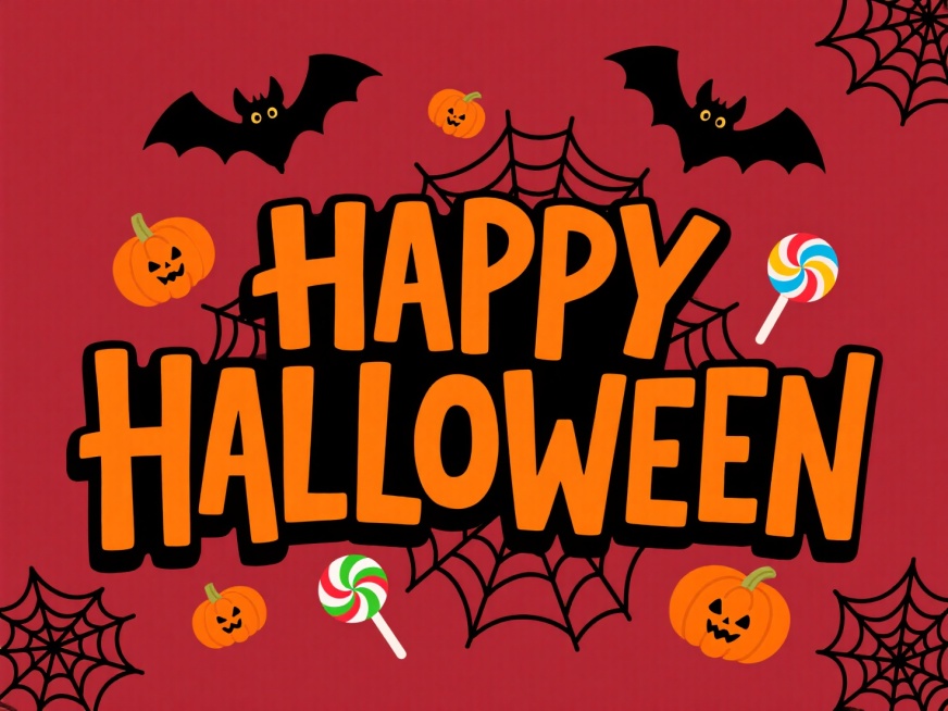 “HAPPY HALLOWEEN” 艺术字，上方有蝙蝠，周围搭配小南瓜、棒棒糖、蜘蛛网等元素，色彩以橙黑为主，背景为深红色，复古卡通风格预览效果