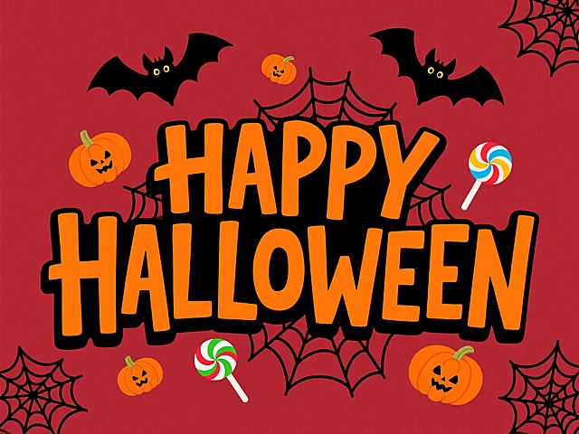 “HAPPY HALLOWEEN” 艺术字，上方有蝙蝠，周围搭配小南瓜、棒棒糖、蜘蛛网等元素，色彩以橙黑为主，背景为深红色，复古卡通风格