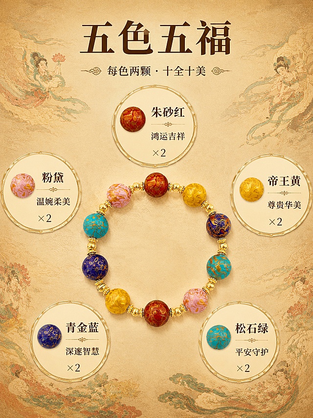 [第7屏修正版] 色彩寓意-五色大漆珠的文化内涵。本屏使用【图2】作为珠子色彩参考。
[氛围/风格] 国潮文化风，暖棕金调，东方色彩美学。
[元素布局] 画面中央为手串完整环形展示，珠子颜色排列与产品图一致（朱砂红、粉黛、帝王黄、青金蓝、松石绿各两颗对称排列）；手串外围环绕5个圆形大卡片，每张卡片对应一种颜色的珠子和寓意文字，卡片旁标注「×2颗」；背景为做旧宣纸质感，有淡淡的敦煌壁画纹样底纹；整体对称构图。
[光影质感] 均匀暖光，珠面有柔和高光，整体平整清晰。
[配色色系] 全局底色 #E8D5B7 米棕；主色五色珠子本色；辅助色金色、深棕文字。
[视角构图] 中心放射式构图，手串居中，5张色彩卡片环绕四周，阅读动线从中心向外扩散。
[文字版式] 顶部主标题「五色五福」，副标题「每色两颗 · 十全十美」；5张卡片分别标注色彩名和寓意（朱砂红-鸿运吉祥、粉黛-温婉柔美、帝王黄-尊贵华美、青金蓝-深邃智慧、松石绿-平安守护），每张卡片右下角小字标注「×2」；字体为宋体，深棕色字配浅色卡片底。
[比例分辨率] 3:4 竖版比例，4K分辨率，文字清晰可辨。
[负向提示词] 手串变形，珠子颜色错，卡片文字模糊，水印，背景杂乱。