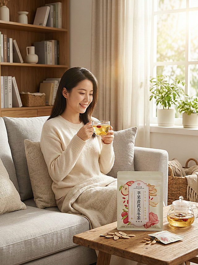 苹果黄芪麦冬茶人物场景图，在温馨的居家客厅场景里，一位年轻女性坐在沙发上，手里泡着一杯苹果黄芪麦冬茶，脸上带着放松惬意的神情，阳光透过窗户洒进来，营造出温暖治愈的生活氛围，产品包装放在旁边的茶几上
