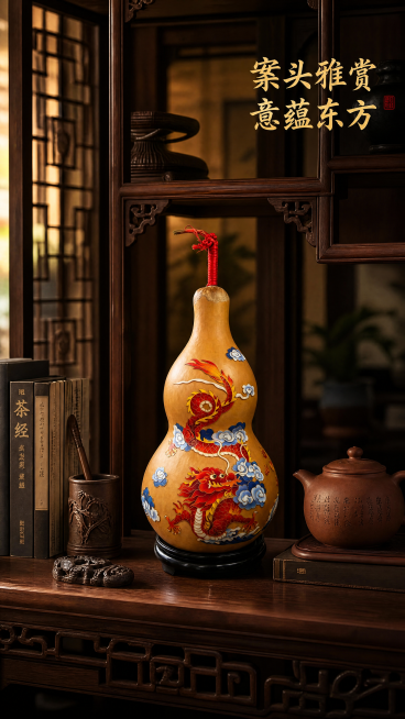 [第5屏] 中式空间场景展示屏，展示掐丝葫芦放置在茶室玄关的陈列效果。本屏使用【图1】作为产品主体。
[氛围/风格] 沉浸式中式生活场景，偏暗雅调性，温馨雅致，实景氛围感。
[元素布局] 将【图1】的预览效果
