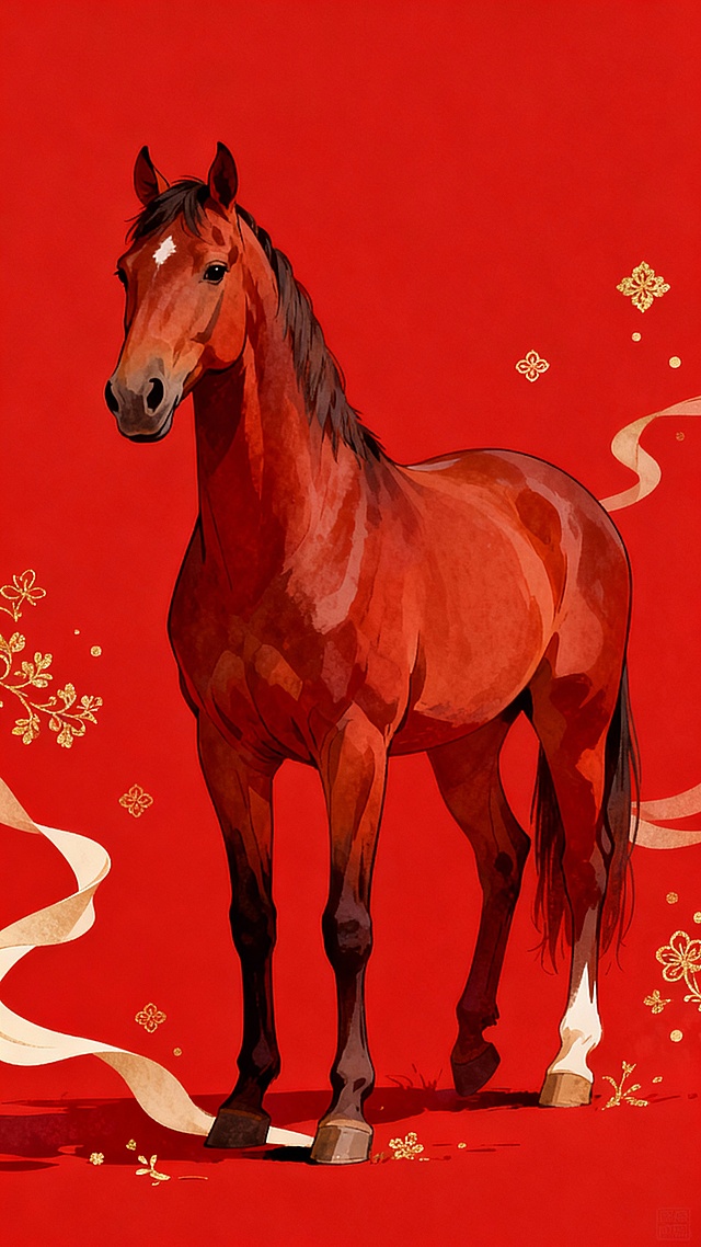 喜庆红底配鎏金花纹，厚涂风格骏马昂首，国潮插画风尽显中式年味。