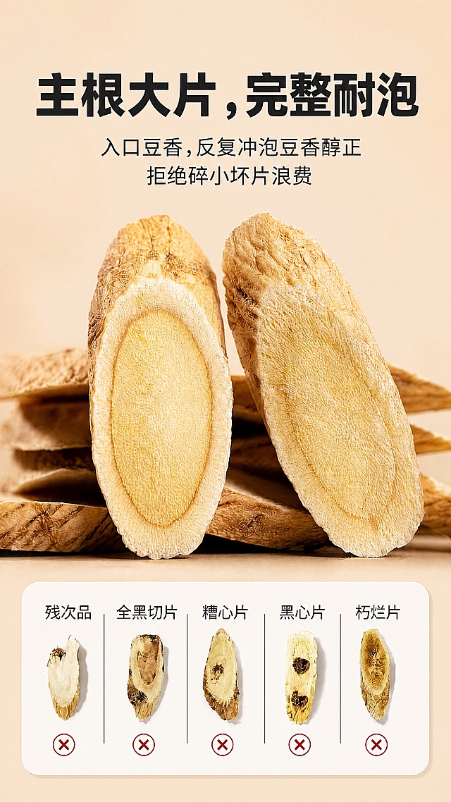 [商品] 使用【图7】主根大片特写+底部残次品对比；商品处理：保留两片黄芪大片的切面纹理、金盏银盘结构、浅黄切面、棕褐外皮、堆叠的黄芪片背景；保留底部五种残次片（残次品/全黑切片/糟心片/黑心片/朽烂片）的形态和红叉标识。
[画面] 目标：质地特写页，突出主根大片完整耐泡、拒绝残次。构图：顶部标题区占25%，中部两片黄芪大片竖立特写占50%（一片切面正对、一片侧展示厚度），底部残次品对比卡片占25%；浅米色背景，柔和侧光突出切面纹理。
[视觉] 套系策略：风格=中式田园滋补风商业摄影；标题字=粗黑体厚重有力；正文字=简洁黑体；主色=暖米杏色；背景延展=暖米杏纯色浅渐变；强调色=酒红色，用于红叉和重点；标题色=深炭灰；正文色=中暖灰；组件=圆角白底对比卡、红色圆形叉号；光影=侧前暖柔光，突出切面纹理层次和厚度。
[文字] 顶部主标题"主根大片，完整耐泡"（粗黑大字），副标题三行"入口豆香，反复冲泡豆香醇正""拒绝碎小坏片浪费"；底部白色圆角卡片内五个残次片横排，每片上方名称"残次品""全黑切片""糟心片""黑心片""朽烂片"，下方红色圆形叉号；所有文字横排。
[规格] 图片比例9:16竖版，4K，避免变形、错字、文字过小、冷蓝背景、黄芪切面纹理模糊。