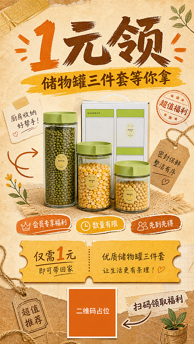 活动促销海报，主题为1元领储物罐三件套，牛皮纸暖橙复古亲切风格。配色：牛皮纸米黄色为主背景，搭配暖橙、焦糖棕、金黄色，温暖有人情味。版式：顶部笔刷质感大标题，中部产品展示区（三个玻璃储物罐+一个包装盒，储物罐内分别装绿豆、玉米等食材，绿色盖子），周围有手写感装饰元素，下方票券形福利卡（两侧半圆缺口+锯齿边），底部二维码区。装饰元素：笔刷笔触、手写箭头、胶带、便签、印章、麻绳、复古标签、手绘小植物。文案：主标题"1元领"，副标题"储物罐三件套等你拿"，福利标签"会员专享福利""数量有限""先到先得"，底部"扫码领取福利"，二维码区域使用纯色方块占位符呈现，方块中央标注"二维码占位"文字。画面所有信息区域填充完整内容，无空白框。版式精美，温暖亲切复古感，超高清画质，9:16竖版比例。