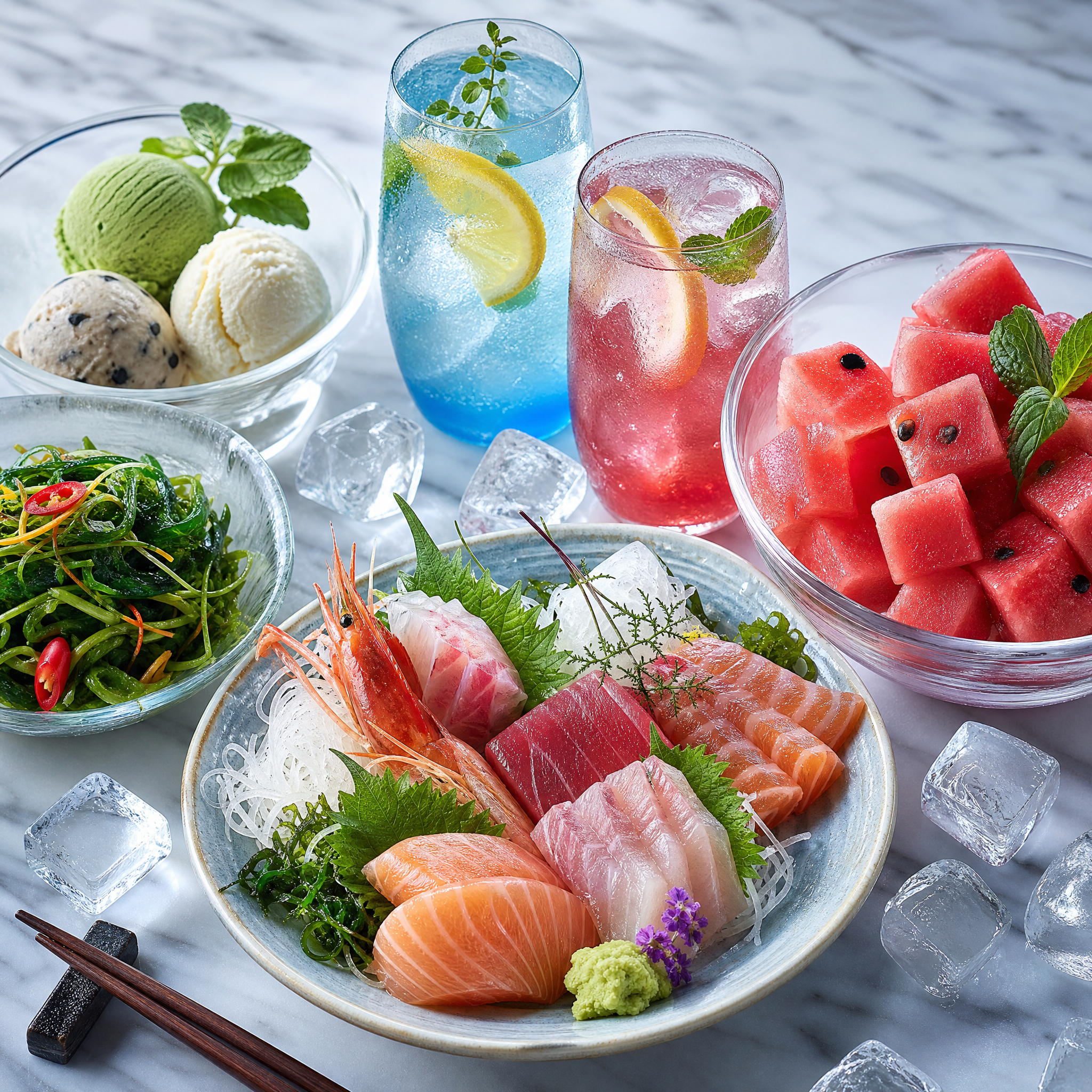 生冷食物的组合照片，画面中有冰淇淋、生鱼片刺身、冰镇西瓜、冷饮… - 图片创意预览