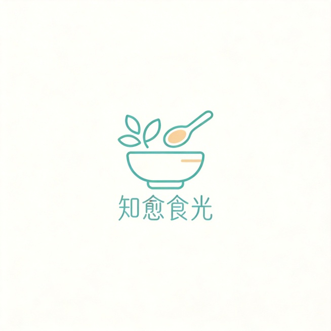 设计一款品牌logo，以图形为主体，文字内容"知愈食光"缩小放置，整体风格清新、温柔、简约、校园健康风，主色调为奶白色+浅青绿色和淡暖杏色，图形元素包含简约线条小叶子、小勺子和小饭碗，字体纤细圆润干净预览效果
