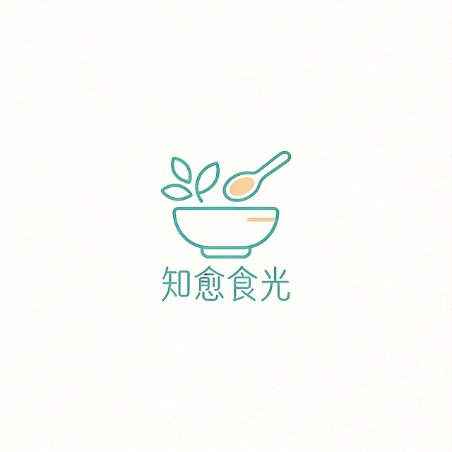 设计一款品牌logo，以图形为主体，文字内容"知愈食光"缩小放置，整体风格清新、温柔、简约、校园健康风，主色调为奶白色+浅青绿色和淡暖杏色，图形元素包含简约线条小叶子、小勺子和小饭碗，字体纤细圆润干净柔和，整体寓意以食养身温柔自愈，背景为纯净奶白色