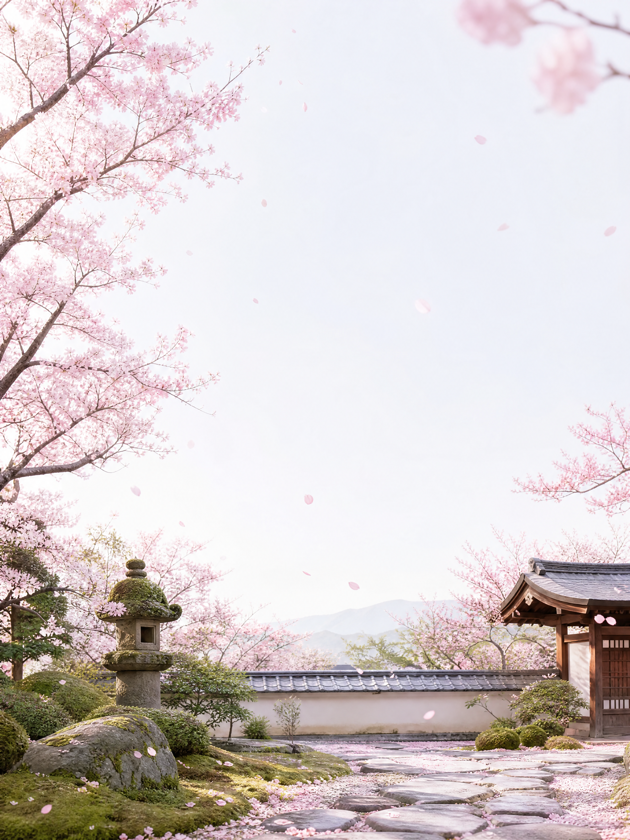 清新日系樱花庭院场景，画面中上部分预留大面积空白区域用于放置产… - 图片创意预览