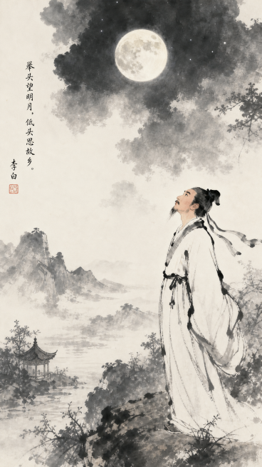 李白抬头望明月的古风画，竖直排版，古风中国水墨画风格，意境悠远，古典雅致，夜晚月光洒下，李白身着古装仰头望向天空中的明月预览效果
