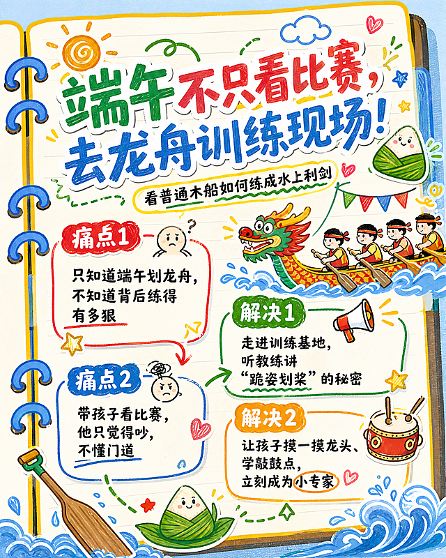 手绘笔记风格，图文排版像手账，色彩明亮活泼，内容包含文字：每年端午看龙舟赛，你都是挤在岸边的人？今年换个玩法——直接去训练现场，看他们怎么把一条普通木船变成水上利剑！痛点1：只知道端午划龙舟，不知道背后练得有多狠痛点2：带孩子看比赛，他只觉得吵，不懂门道解决1：走进训练基地，听教练讲“跪姿划桨”的秘密解决2：让孩子摸一摸龙头、学敲鼓点，立刻成为小专家，保留参考图的线圈笔记本、装饰小元素的风格