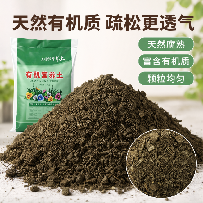[主图-2] 有机营养土核心材质展示。
[氛围风格] 真实自然质感风；
[画质] 商业摄影质感、光线柔和通透、产品清晰真实、画面干净高级。
[元素] 主体为大堆散装有机营养土，画面左侧放置产品包装袋做预览效果