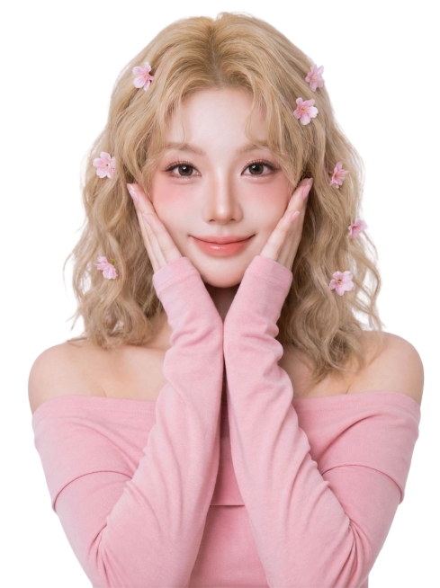 去掉头发上的黑色发夹，在头发上搭配一些粉色小花做装饰，将发色改成亚麻金色，把五官修改得更加可爱甜妹，将衣服替换成图二中的粉色一字肩中袖上衣，保留人物姿势和白色背景，画质清晰唯美预览效果