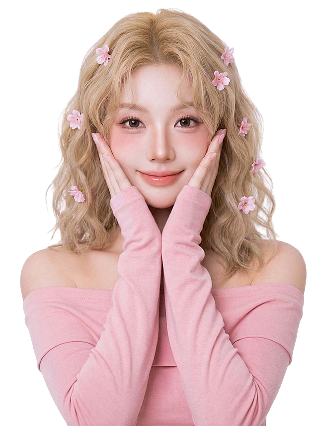 去掉头发上的黑色发夹，在头发上搭配一些粉色小花做装饰，将发色改成亚麻金色，把五官修改得更加可爱甜妹，将衣服替换成图二中的粉色一字肩中袖上衣，保留人物姿势和白色背景，画质清晰唯美