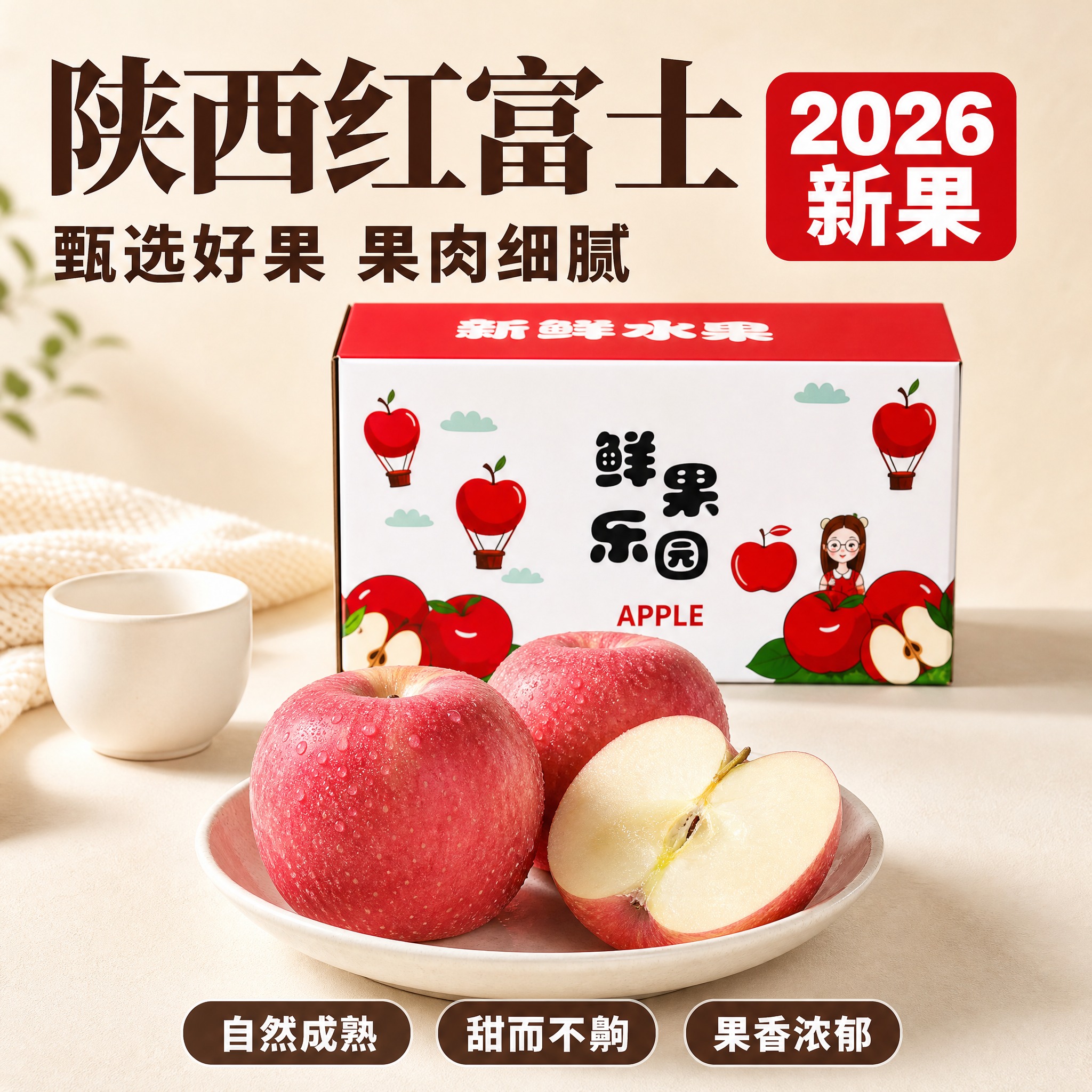 [主图-1] 陕西红富士苹果拼多多主图，米白陶瓷高级款，突出2… - 图片创意预览
