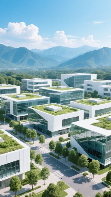 现代化建筑群的鸟瞰视角背景，以大面积玻璃幕墙和白色金属板材构成的几何形态建筑为主，屋顶覆盖绿色植被，建筑群周围环绕茂密的绿树和整齐的行道树，远处是层峦叠嶂的青蓝色山脉，天空湛蓝通透，点缀着几朵洁白的云朵，整体呈现出清新、开阔、充满科技感与自然和谐的氛围，光线明亮柔和，具有高品质建筑渲染图的细腻质感和写实风格。预览效果