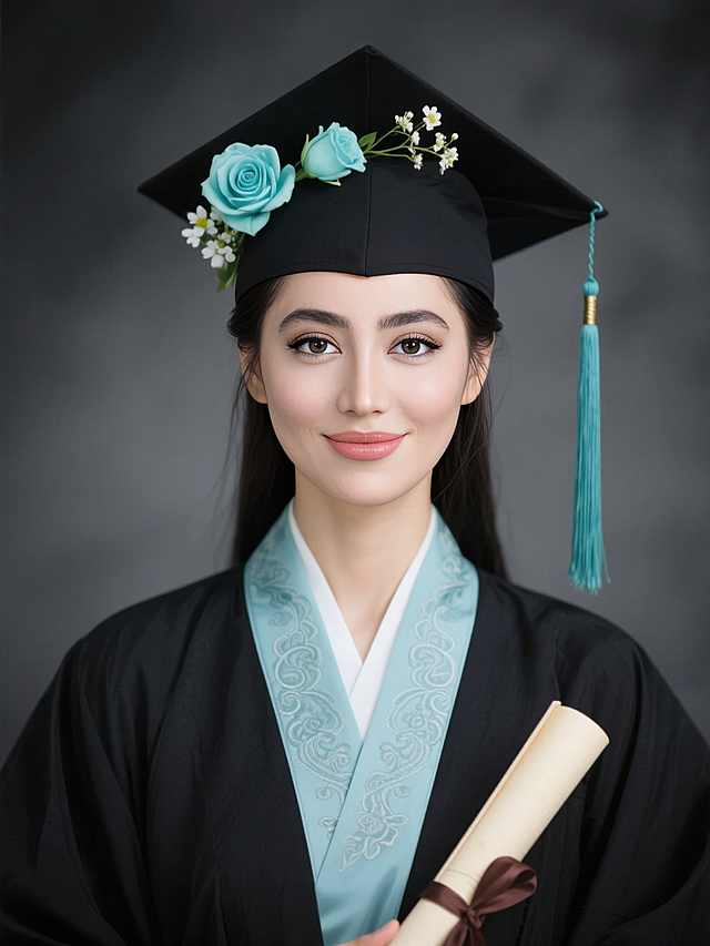 女生证件照，黑色学士袍，内衬是天青色汉服，鬓角和帽子上簪青色洋桔梗和青色玫瑰、白色小花，学士帽穗子，手执卷轴，领口复古花纹，黑灰色朦胧背景。