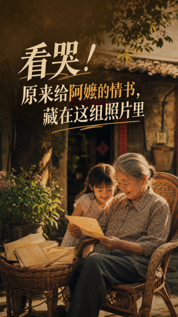 温暖治愈的怀旧情感风格，奶奶（阿嬷）和孙辈在老房子院子里，老藤椅旁放着泛黄的信封，阳光透过树叶洒下来，氛围感拉满，画面配主标题"看哭！原来给阿嬷的情书，藏在这组照片里"，整体色调温暖怀旧，充满亲情和怀预览效果
