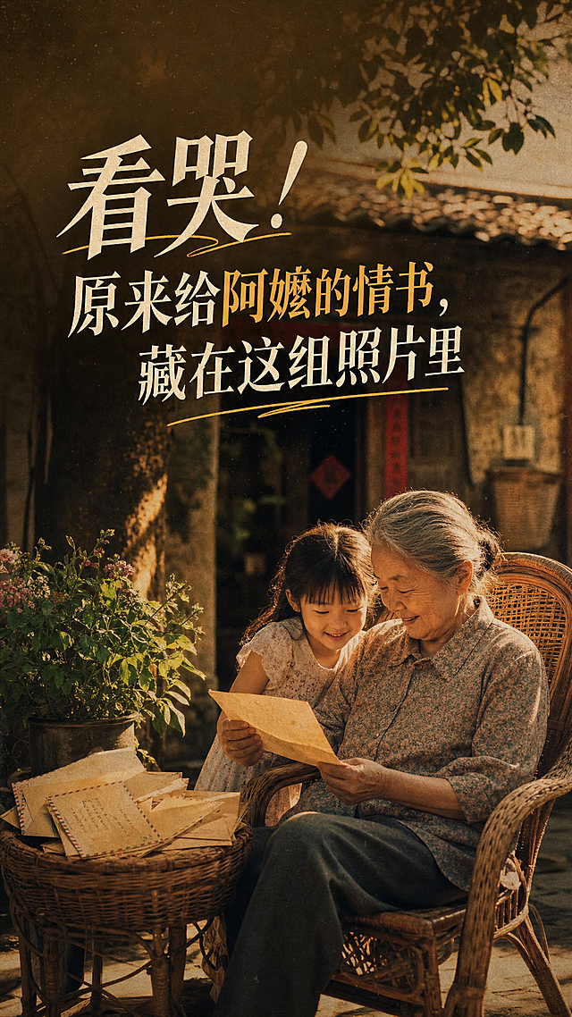 温暖治愈的怀旧情感风格，奶奶（阿嬷）和孙辈在老房子院子里，老藤椅旁放着泛黄的信封，阳光透过树叶洒下来，氛围感拉满，画面配主标题"看哭！原来给阿嬷的情书，藏在这组照片里"，整体色调温暖怀旧，充满亲情和怀念的情感