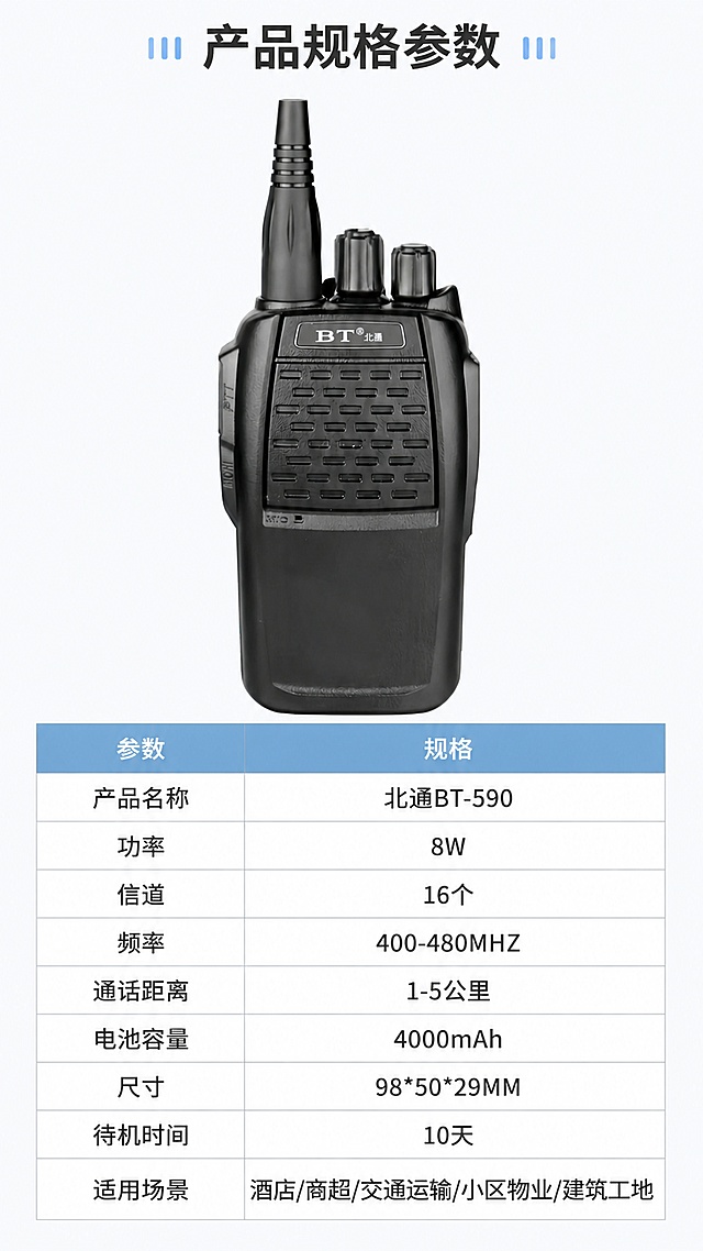 「图片1」，生成详情页，商品名称为北通对讲机，型号是BT-590，标语是北通对讲机，让沟通更轻松。风格为科技感。适配京东平台，单图比例为9:16，需求屏数为8张。产品特点是1.高效接收抗干扰，信号独立接收芯片。2.远距离通讯8W大功率，通话距离为1-5Km，强劲穿透力。3.电池容量为4000mAh,电池耐久。4.抗震耐摔。有广泛的场景应用：酒店/商超，交通运输，小区物业，建筑工地等参数为「图片1」「图片1」