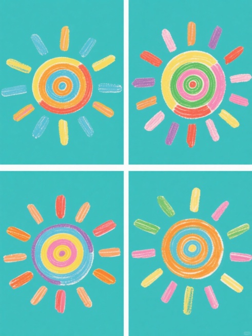 一套四张的儿童绘画风格系列素材，每张均为纯色背景，画面整体色彩各不相同，保持统一的手绘蜡笔质感和圆形中心加放射状元素的类目特征，每个元素都由不规则、带有笔触纹理的色块构成，中心为螺旋状或同心圆图案，外围有长短不一的放射状条形，四张图案元素内容完全不同，整体以规整的网格状排布。预览效果