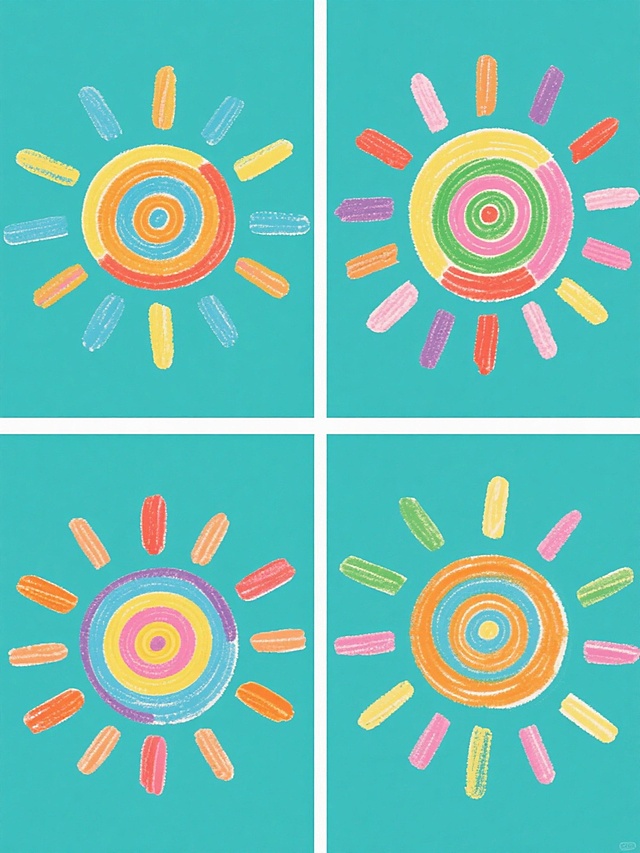 一套四张的儿童绘画风格系列素材，每张均为纯色背景，画面整体色彩各不相同，保持统一的手绘蜡笔质感和圆形中心加放射状元素的类目特征，每个元素都由不规则、带有笔触纹理的色块构成，中心为螺旋状或同心圆图案，外围有长短不一的放射状条形，四张图案元素内容完全不同，整体以规整的网格状排布。