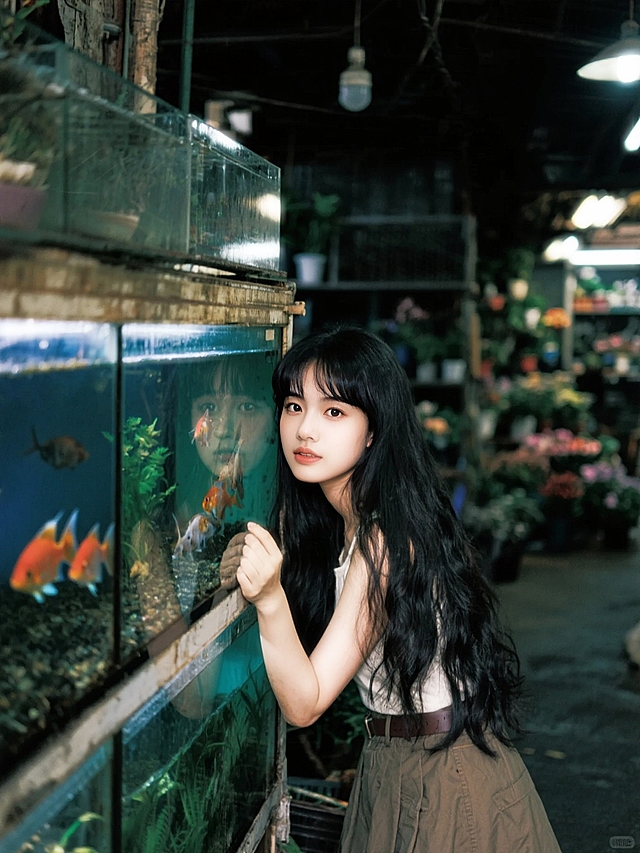 千禧年少女穿搭。暗调的老式花鸟市场，靠在巨型鱼缸边。