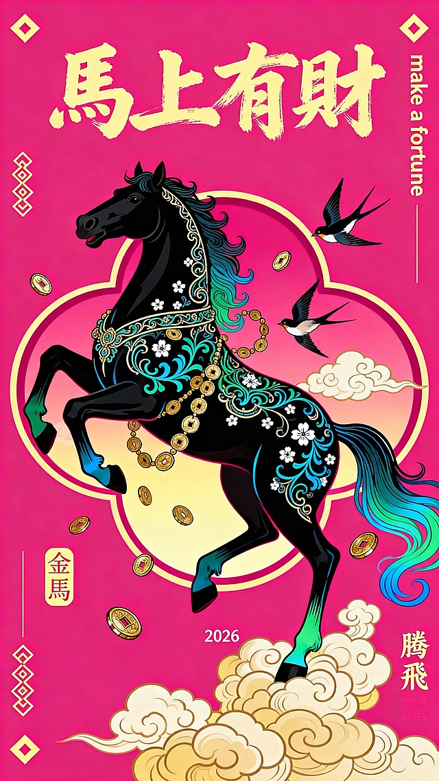 纯扁平风，国潮风描边插画，极繁，丰富细节的国潮插画，扁平插画。高饱和度玫红色纯色背景。主体是一匹腾跃在空中的黑色骏马，采用繁复华丽的装饰性线条勾勒轮廓，马身飘逸着几串钱币，有许多小钱币环绕马身，有蓝绿色缠枝花纹、白色小花纹样，马尾与腿部延伸出蓝绿渐变的飘逸飘带，整体充满动感，马周围有两只飞翔的燕子，马背后有国风形状的
梅花框景（高饱和玫红色渐变浅黄色，框里是祥云，向外飞散的钱币），许多密实的祥云团环绕马腿。
文字排版：
顶部：浅黄色手写书法字体 “馬上有財”，笔触有力
左下角：浅黄色小字 “金馬”
右下角：浅黄色小字“騰飛”
底部中央极小：白色数字 “2026”
右上侧边缘：竖排浅黄色小字英文 “make a fortune”，
左下侧边缘：竖排浅黄色小字英文 “make a fortune”。
画面边上点缀浅黄色对称的国风图形、线条，整体色彩对比强烈，以黑、金、玫红、蓝绿为主，营造热烈富贵、充满国风韵味的视觉效果，适合作为马年春节招财装饰画。