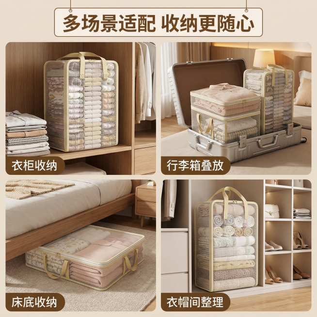 [主图 4]
[主图主题] 多场景适用展示
[氛围/风格] 温馨生活化，舒适自然
[画面元素] 四宫格布局展示四个适用场景：左上：衣柜收纳、右上：行李箱叠放、左下：床底收纳、右下：衣帽间整理，每个场景预览效果