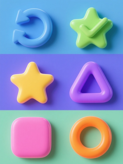 一组6个不同元素的系列素材集合，每个元素均采用3D立体设计风格，具有光滑的曲面、鲜明的边缘高光和柔和的阴影效果，呈现出圆润饱满的造型感。元素类目保持为抽象符号，包括环形箭头、对勾符号、星形图标、方形标志、三角形符号和圆形图案。每个元素分别使用不同的纯色背景，整体色彩变换为蓝色、绿色、黄色、紫色、粉色和橙色，每个元素与背景形成鲜明对比。所有元素规整排布，排列成2行3列的网格布局，每个元素大小一致……预览效果