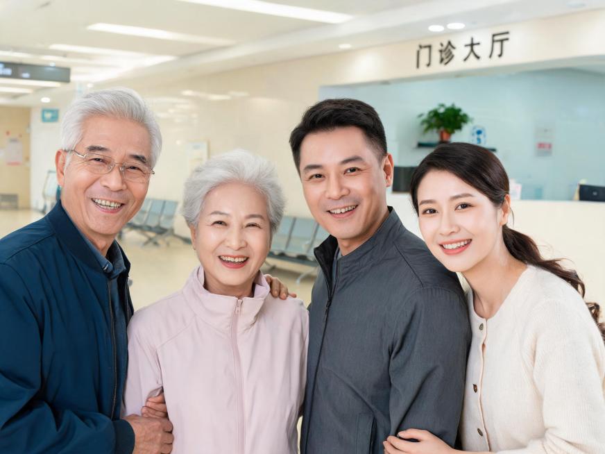 一家四口爷爷奶奶爸爸妈妈在医院大厅，神经疾病康复后脸上都洋溢着快乐的笑容，明亮温馨的场景，写实风格，适合PPT展示预览效果