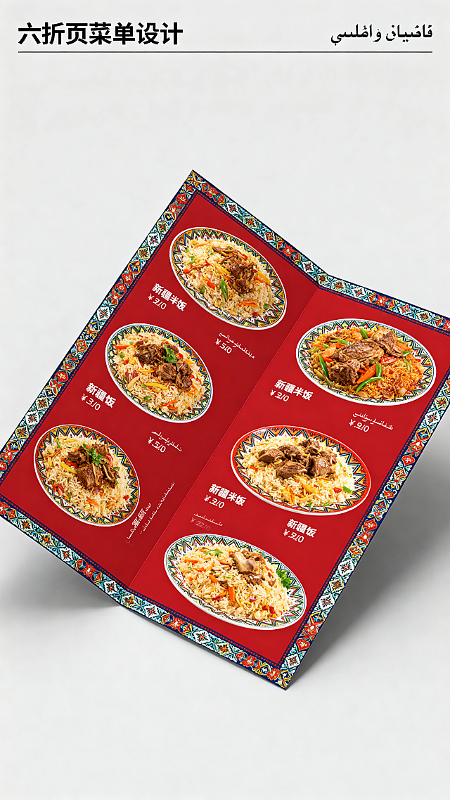 六折页菜单设计，维族风格，红色底色，每页包含两道新疆饭菜品，每张菜品配对应图片、菜品名称和价格