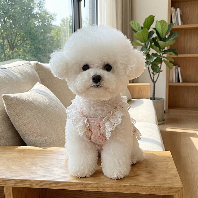 保留图片中白色比熊狗狗身上粉色碎花宠物衣服的所有细节，包括大花边领设计和粉红花纹，更换客厅场景和背景布局，重新生成一张原创的电商宠物衣服正面展示图，高清质感，自然光影
