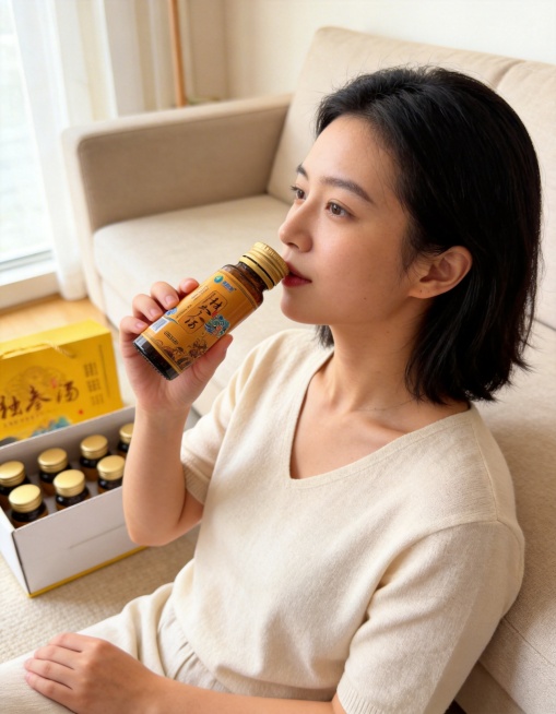 生成人手持并饮用这款独参汤人参饮的照片，人物自然放松，场景温馨日常，突出产品预览效果