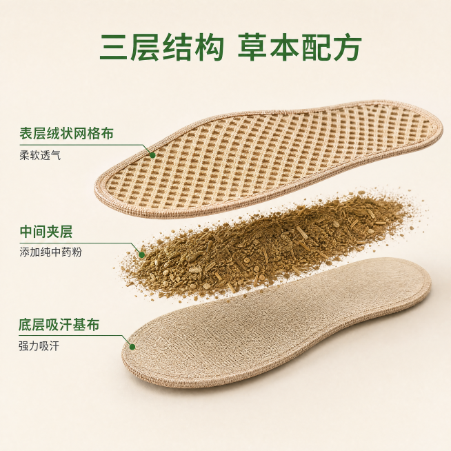 [主图-3] 结构材质拆解展示图
[氛围风格] 专业解析，清晰直观
[画质] 商业摄影质感、光线柔和通透、产品清晰真实、画面干净高级
[元素] 将鞋垫分层拆解展示：最上层表层绒状网格布、中间夹层中药粉预览效果